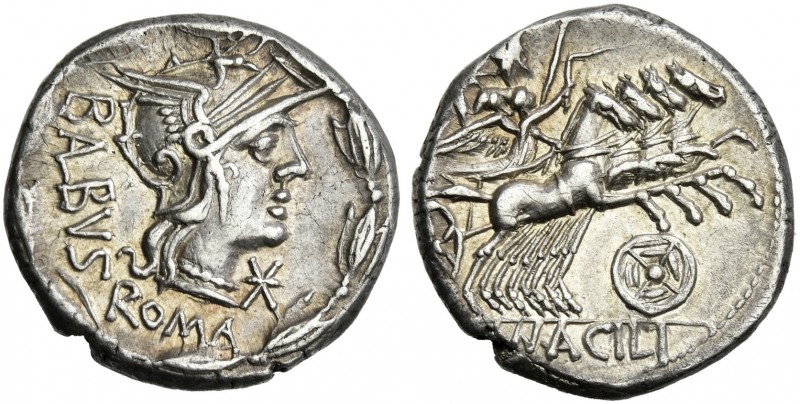 Mn. Acilius Balbus. Denarius 125, AR 18 mm, 3.83 g. Helmeted head of Roma r.; be...