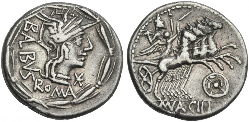 Mn. Acilius Balbus. Denarius 125, AR 20 mm, 3.91 g, 10h. Helmeted head of Roma r...