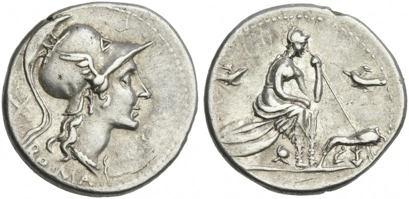 Anonymous issues. Denarius circa 115-114, AR 20 mm, 3.91 g. Head of Roma r., wea...