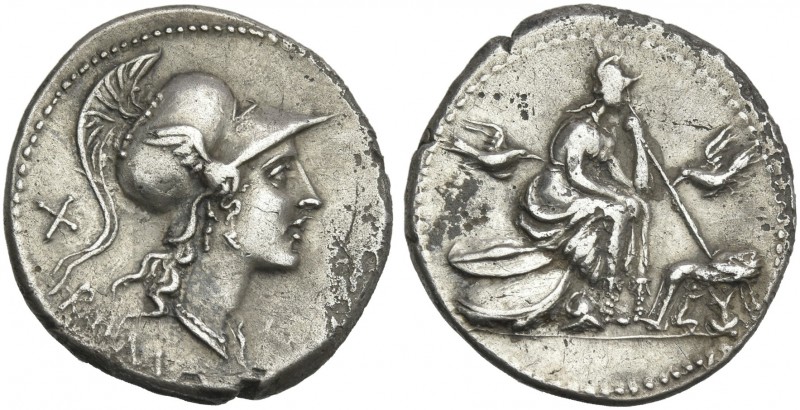 Anonymous issues. Denarius circa 115-114, AR 19 mm, 3.80 g, 6h. Head of Roma r.,...