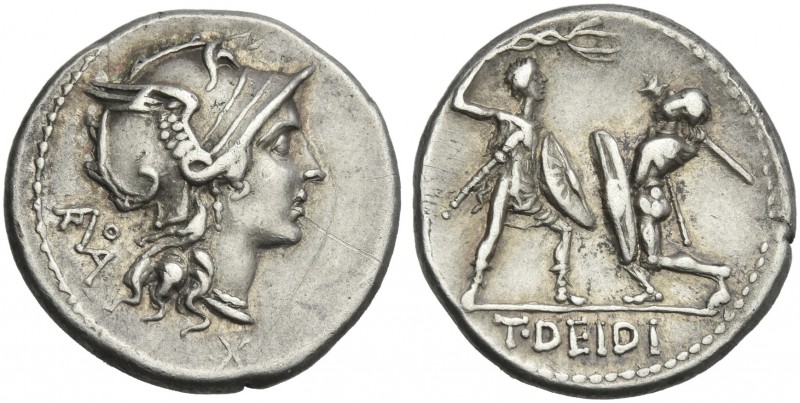 T. Didius. Denarius 113 or 112, AR 19 mm, 3.96 g. Helmeted head of Roma r.; behi...