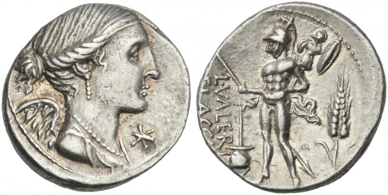 L. Valerius Flacco. Denarius 108 or 107, AR 19 mm, 3.87 g. Draped bust of Victor...