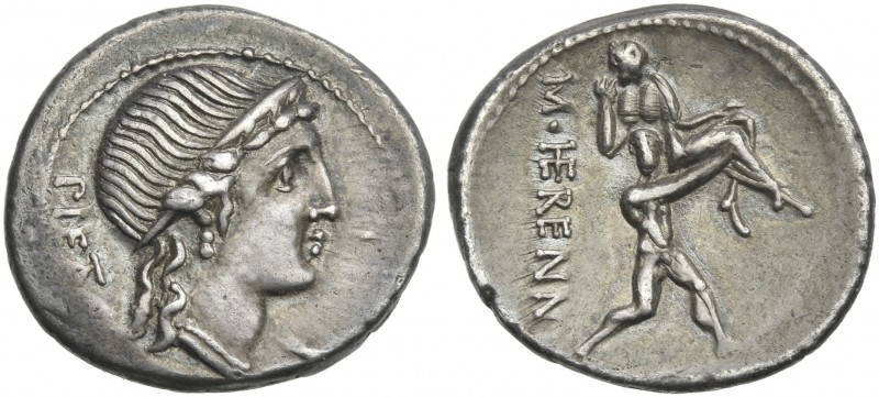 M. Herennius. Denarius 108 or 107, AR 20 mm, 3.93 g. PIETAS Diademed head of Pie...