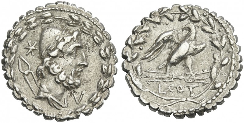 L. Aurelius Cotta. Denarius serratus 105, AR 18 mm, 3.93 g. Draped bust of Vulca...