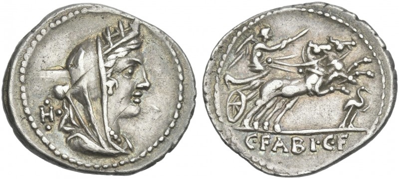 C. Fabius C.f. Hadrianus. Denarius 102, AR 22 mm, 3.81g. Turreted and veiled bus...