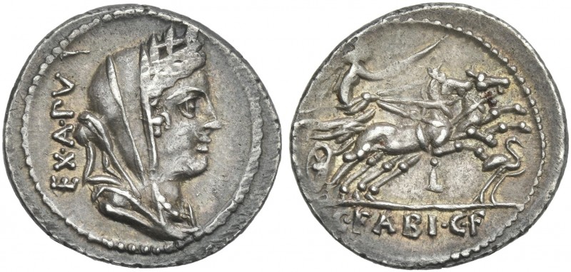 C. Fabius C.f. Hadrianus. Denarius 102, AR 22 mm, 3.90 g. Turreted and veiled bu...