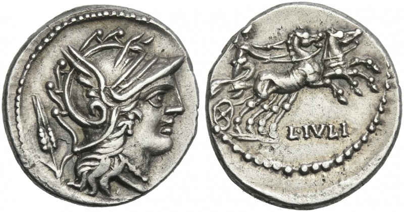L. Iulius. Denarius 101, AR 19 mm, 4.08 g. Helmeted head of Roma; behind, corn e...
