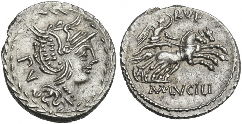 M. Lucilius Rufus. Denarius 101, AR 21 mm, 3.67 g. Helmeted head of Roma r.; beh...