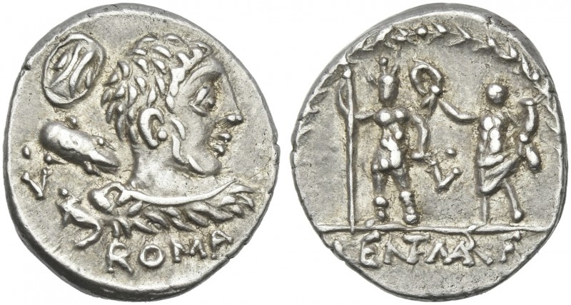 P. Cornelius Lentulus Marcellinus. Denarius circa 100, AR 18 mm, 3.86 g. Bust of...