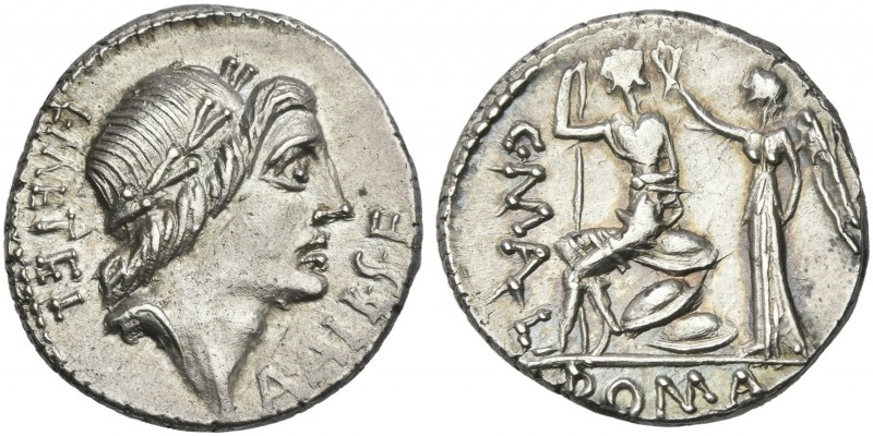 C. Publicius Malleolus, A. Postumius Sp. f. Albinus and L. Metellus. Denarius 96...