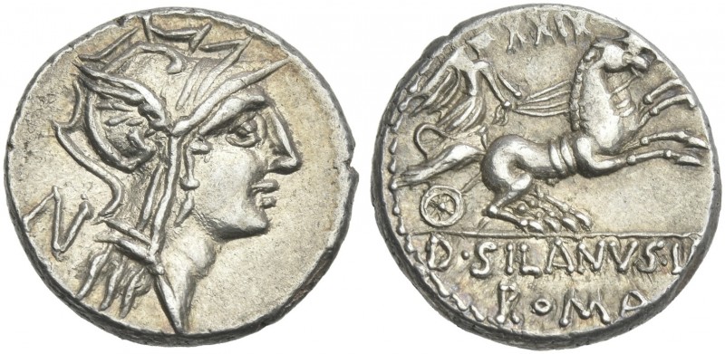 D. Iunius Silanus L.f. Denarius 91, AR 18 mm, 3.93 g. Helmeted head of Roma r.; ...