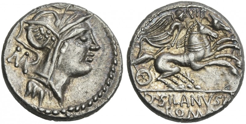 D. Iunius Silanus L.f. Denarius 91, AR 19 mm, 3.88 g. Helmeted head of Roma r.; ...