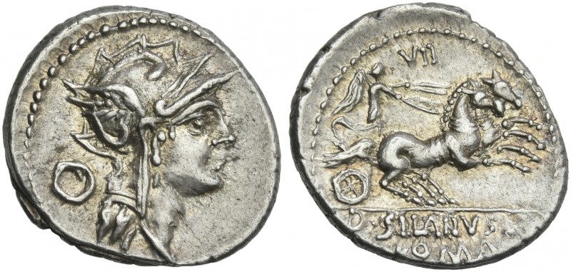 D. Iunius Silanus L.f. Denarius 91, AR 20 mm, 3.77 g. Helmeted head of Roma r.; ...