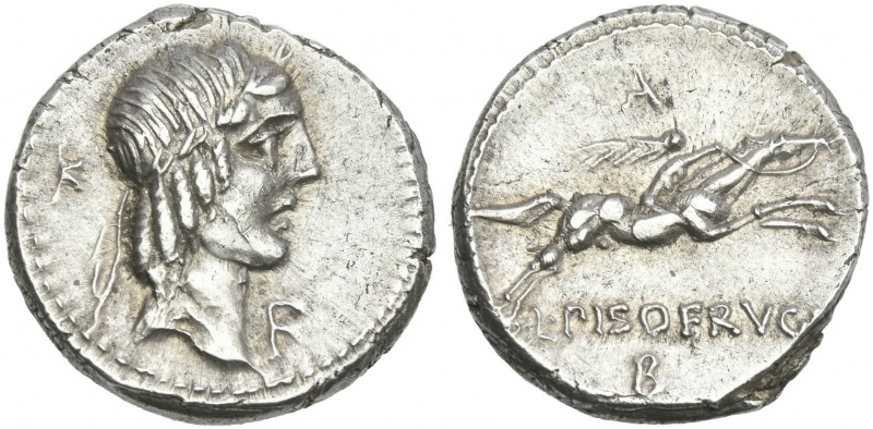 L. Calpurnius Piso Frugi. Denarius 90, AR 18 mm, 3.91 g. Laureate head of Apollo...