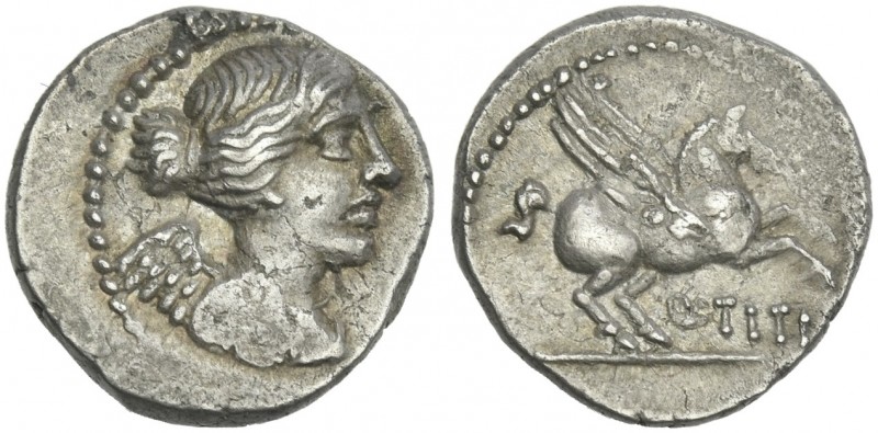 Q. Titius. Quinarius 90, AR 14 mm, 2.26 g. Draped bust of Victory r. Rev. Pegasu...