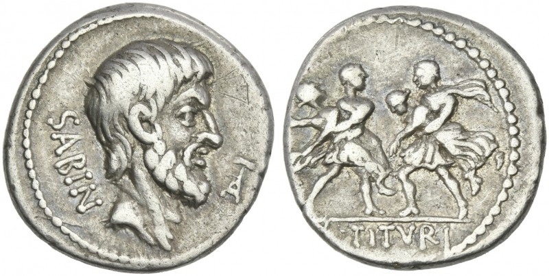 L. Titurius L.f. Sabinus. Denarius 89, AR 18 mm, 3.81 g. SABIN Head of King Tati...