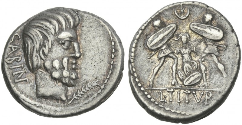 L. Tituri L. f. Sabinus. Denarius 89, AR 20 mm, 4.10 g. SABIN Head of King Tatiu...