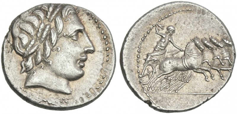 Gar, Ogul, Ver. Denarius 86, AR 19 mm, 4.00 g, 8h. Laureate head of Apollo r.; b...