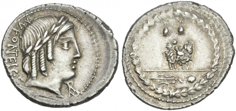 Mn. Fonteius C.f. Denarius 85, AR 22 mm, 4.08 g. Laureate head of Apollo Veiovis...