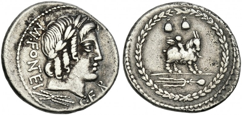 Mn. Fonteius C.f. Denarius 85, AR 20 mm, 4.14 g, 5h. Laureate head of Apollo Vei...