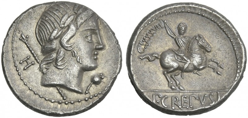 P. Crepusius. Denarius 82, AR 19 mm, 4.03 g. Laureate head of Jupiter Axurus r.,...