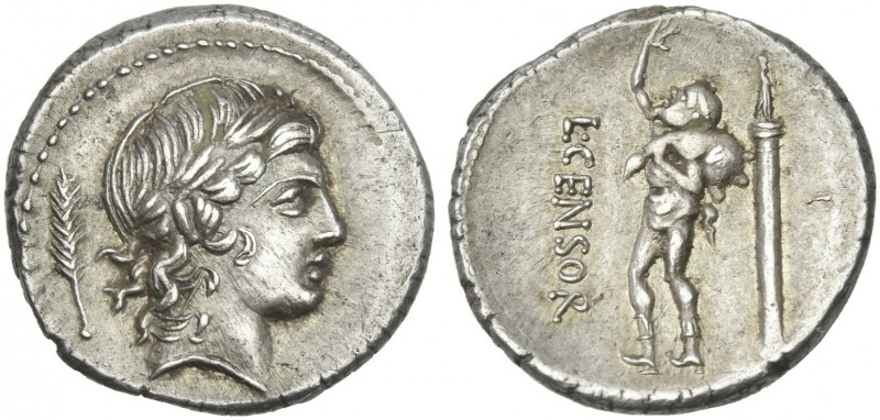 L. Marcius Censorinus. Denarius 82, AR 18 mm, 3.84 g, 6h. Laureate head of Apoll...