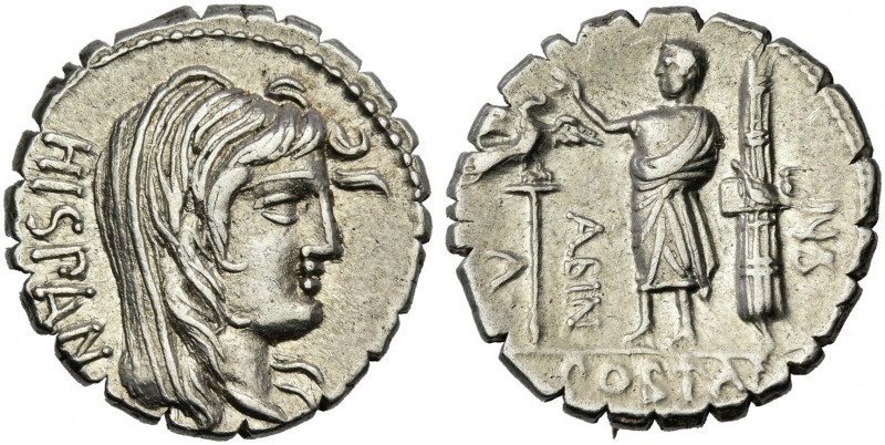 A. Postumius Albinus. Denarius serratus 81, AR 20 mm, 3.78 g. HISPAN Veiled head...