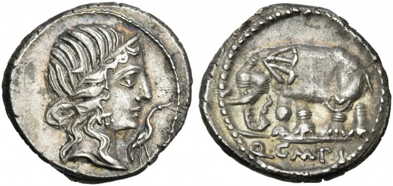 Q. Caecilius Metellus Pius. Denarius 81, AR 19 mm, 3.92 g. Head of Pietas r.; be...