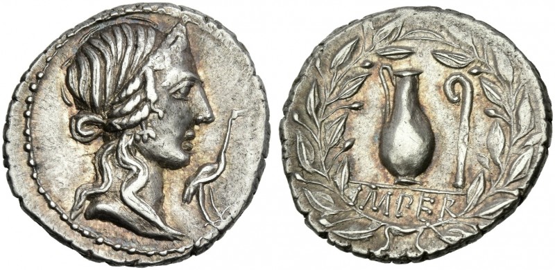 Q. Caecilius Metellus Pius. Denarius 81, AR 19 mm, 3.79 g. Diademed head of Piet...