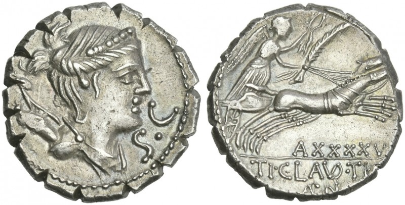 T. Claudius Nero. Denarius serratus 79, AR 19 mm, 4.13 g. Draped bust of Diana r...