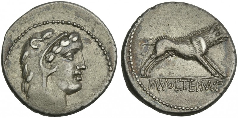 M. Volteius M.f. Denarius 78, AR 19 mm, 3.69 g. Head of Hercules r., wearing lio...