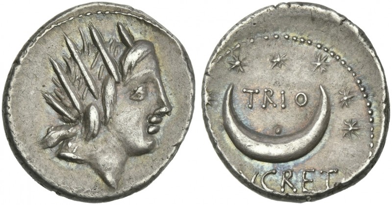 L. Lucretius Trio. Denarius 76, AR 18 mm, 3.85 g. Radiate head of Sol r. Rev. TR...