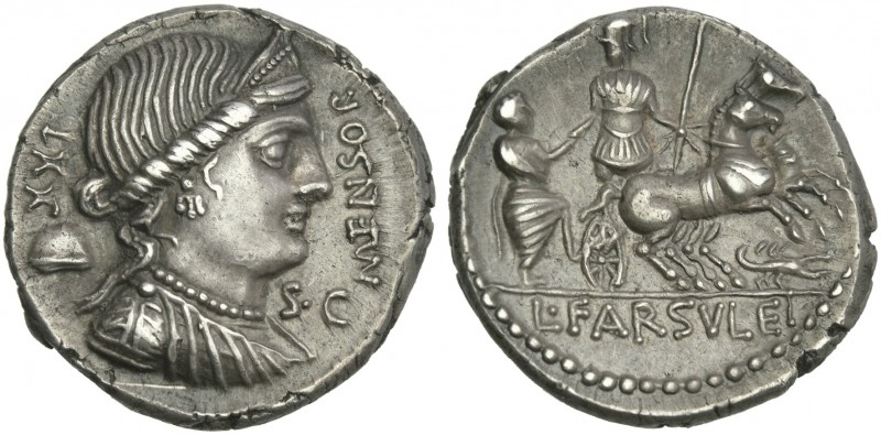 L. Farsuleius Mensor. Denarius 75, AR 20 mm, 3.97 g, 6h. MENSOR Diademed and dra...