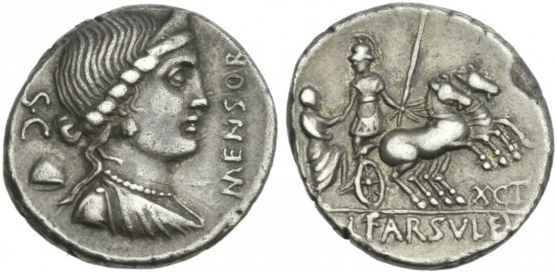 L. Farsuleius Mensor. Denarius 75, AR 18 mm, 3.86 g. MENSOR Diademed and draped ...