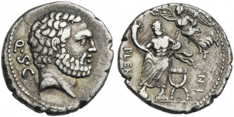 P. Cornelius Lentulus Spinther. Denarius 74, AR 18 mm, 3.73 g. Bearded head of H...