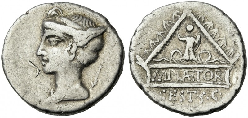 M. Plaetorius M.f. Cestianus. Denarius 69, AR 19 mm, 3.68 g. Draped female bust ...