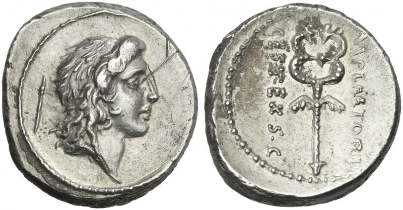 M. Plaetorius M. f. Cestianus. Denarius 69, AR 18 mm, 4.35 g. Male head r., with...