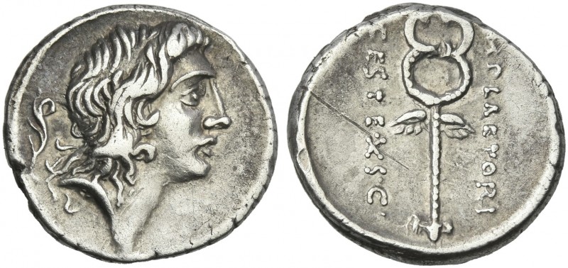 M. Plaetorius M. f. Cestianus. Denarius 69, AR 18 mm, 3.86 g. Male head r., with...