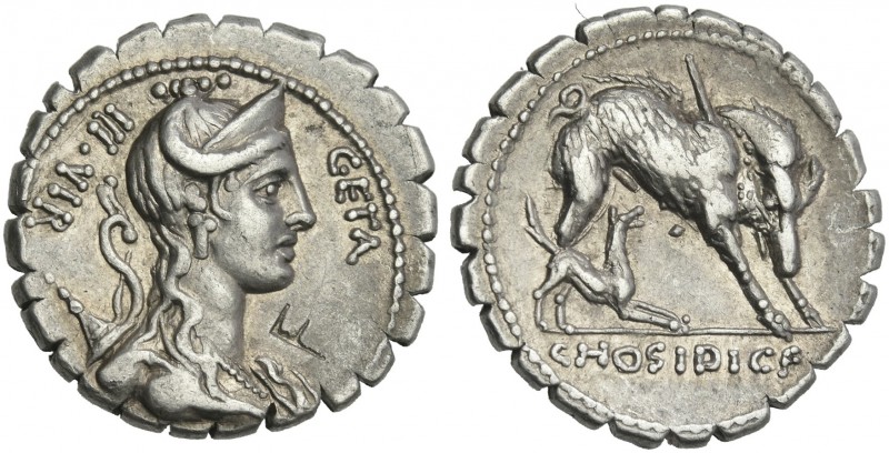 C. Hosidius C.f. Geta. Denarius serratus 68, AR 19 mm, 4.02 g, 4h. GETA – III·VI...