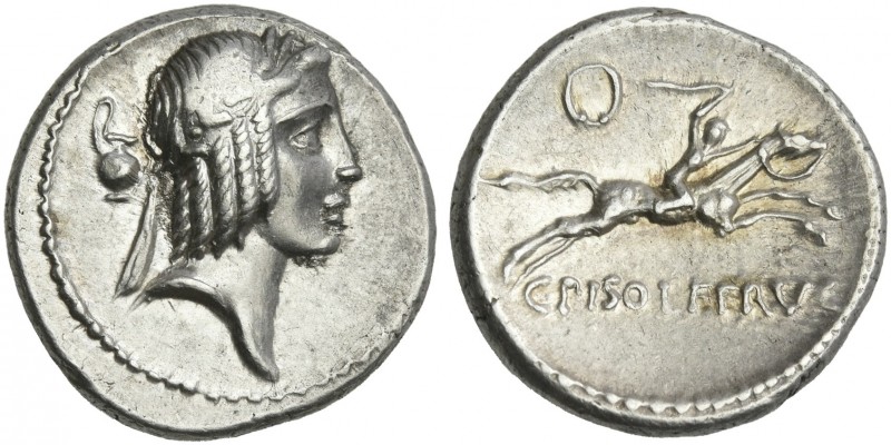 C. Piso L.f. Frugi. Denarius 67, AR 18 mm, 4.04 g. Laureate head of Apollo r.; b...