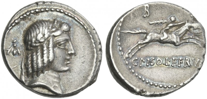C. Piso L.f. Frugi. Denarius 67, AR 18 mm, 3.88 g. Laureate head of Apollo r.; b...