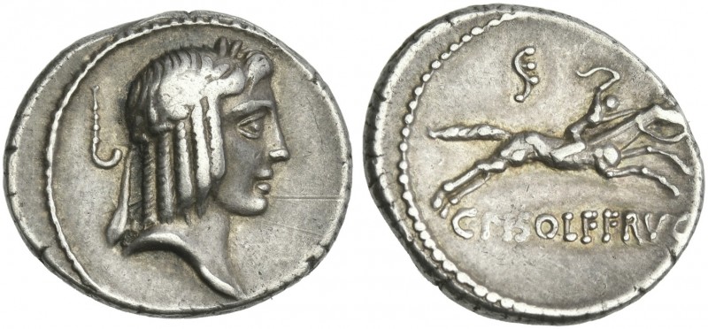 C. Piso L.f. Frugi. Denarius 67, AR 18 mm, 3.56 g. Laureate head of Apollo r.; b...