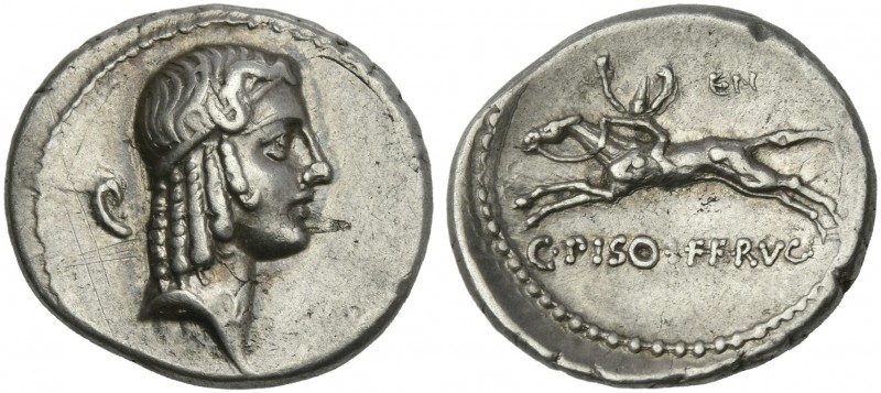 C. Calpurnius L.f. Frugi. Denarius 67, AR 18 mm, 3.92 g. Head of Apollo r., hair...