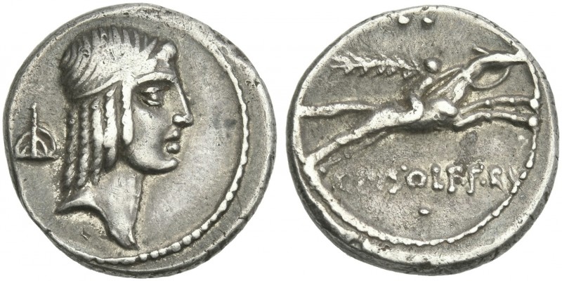 C. Calpurnius L.f. Frugi. Denarius 67, AR 18 mm, 3.89 g. Head of Apollo r., hair...
