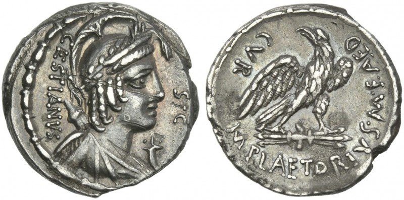 M. Plaetorius M.f. Caestianus. Denarius 67, AR 18 mm, 3.81 g. Bust r. with attri...