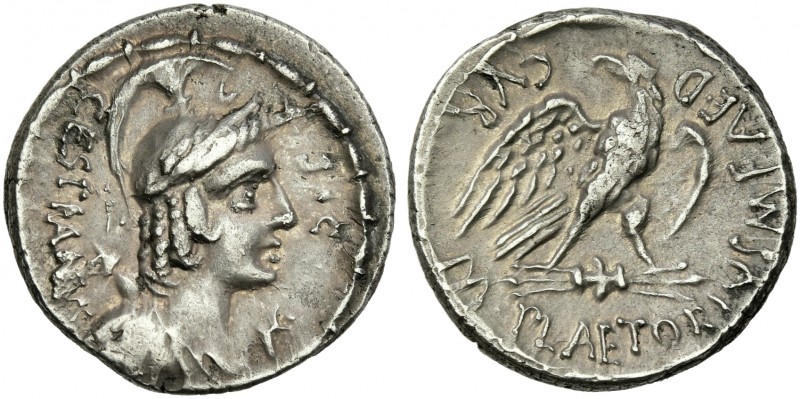 M. Plaetorius M.f. Caestianus. Denarius 67, AR 19 mm, 3.89 g. Bust r. with attri...