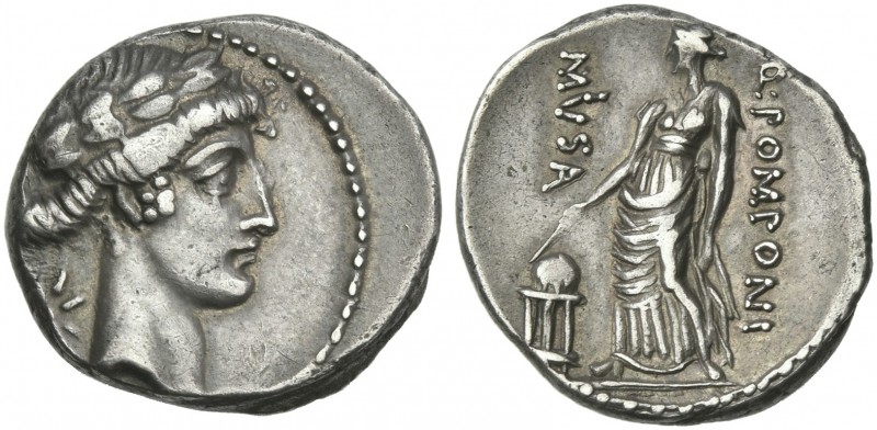 Q. Pomponius Musa. Denarius 66, AR 18 mm, 3.54 g. Laureate head of Apollo r.; be...