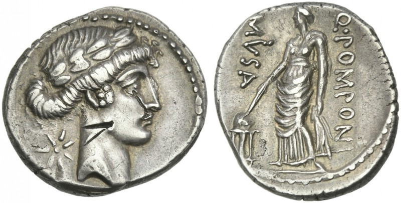 Q. Pomponius Musa. Denarius 66, AR 19 mm, 3.79 g, 9h. Laureate head of Apollo r....