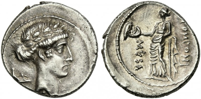 Q. Pomponius Musa. Denarius 66, AR 19 mm, 3.99 g. Laureate head of Apollo r.; be...