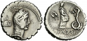 L. Roscius Fabatus. Denarius serratus 64.